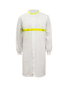 FOOD INDUSTRY LONG LENGTH DUSTCOAT WITH MANDARIN COLLAR, CONTRAST TRIMS ON COLLAR AND CHEST, LONG SLEEVE  WITH CUFF