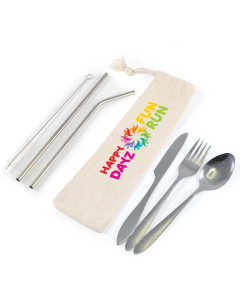 Banquet Stainless Steel Cutlery & Straw Set in Calico Pouch